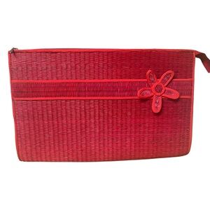 Vintage Red Woven Clutch Purse with Floral Accent